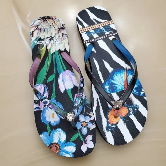 Brighton Black Floral Noir Jardin Mismatched  Flip Flops - Size 10 - Picture 3 of 12